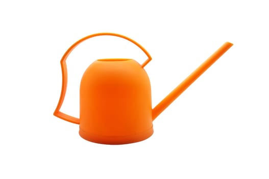 Orange watering plastic can, orange watering plastic pot on white background