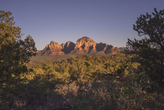 Landscape of Thunder Mountain framed in green foliage, Sedona, Arizona.