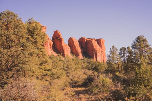Landscape of a red rock formation surrounded by green foliage in Sedona, Arizona.