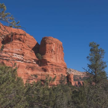 Square landscape of a red rock formation surrounded by green foliage in Sedona, Arizona.