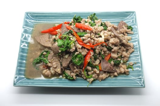 Stir fry basil leaves with pork and liver