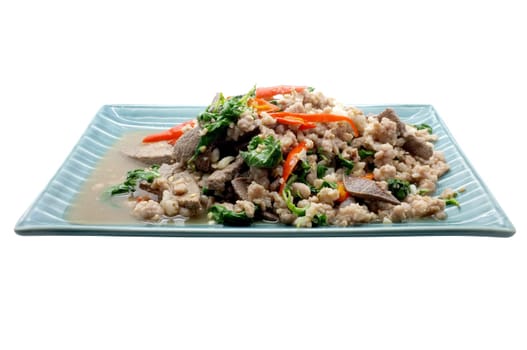 Stir fry basil leaves with pork and liver