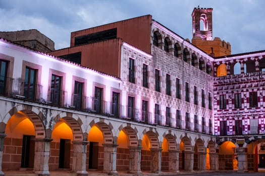 Plaza Alta, High Square of Badajoz at twilight iluminated with led lights