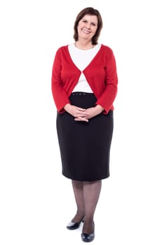 Woman posing with a warm smile over white