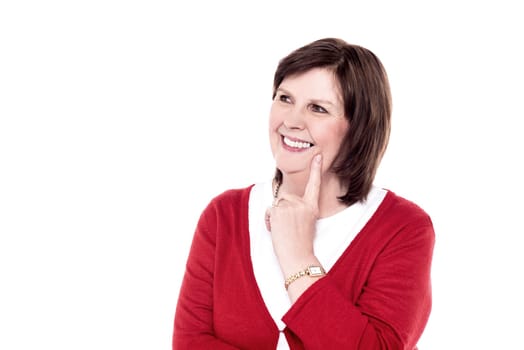 Modern woman posing to camera between thought