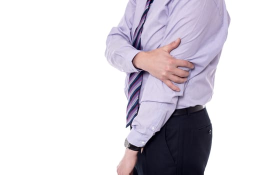 Businessman suffers intense elbow pain on white background