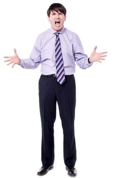 Businessman shouting with anger on white background