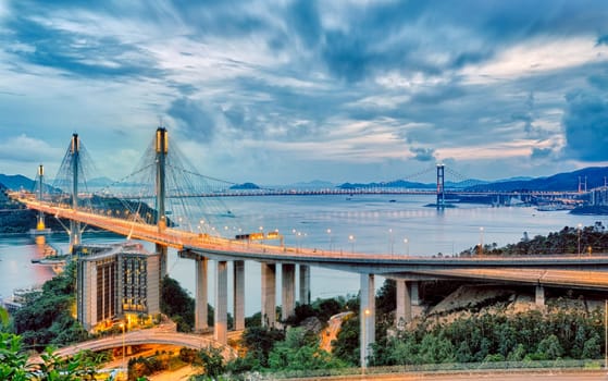 Taffic Night scene of Ting Kau suspension bridge, Hong Kong