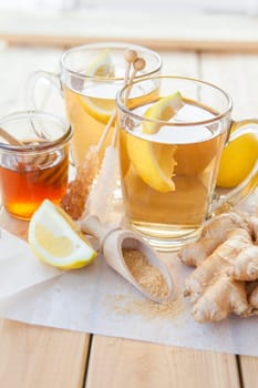 Fresh tea with fresh lemon and ginger