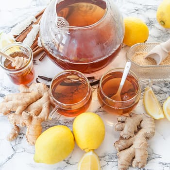 Fresh tea with fresh lemon and ginger