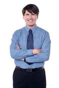 Businessman posing with bright smile over white