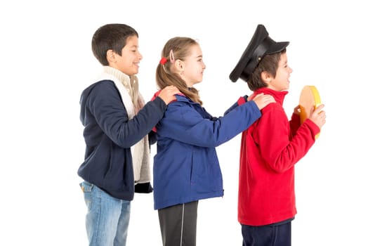 Kids playing transportation isolated in a white background