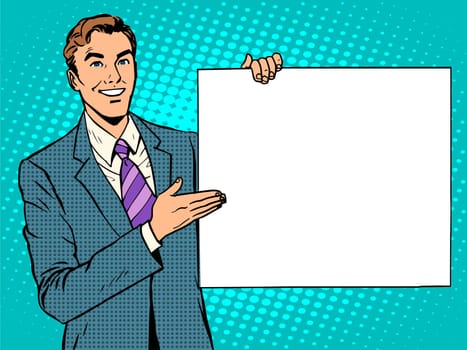 businessman advertising announcement your brand here pop art retro style. Your text here. Man promotional poster