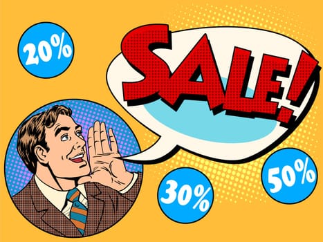 The man announces sale and discounts pop art retro style.