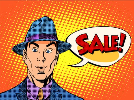 surprised man sale bubble pop art retro style. Solid gentleman with the emotional face.
