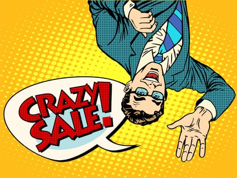 Crazy sale announcement man upside down pop art retro style