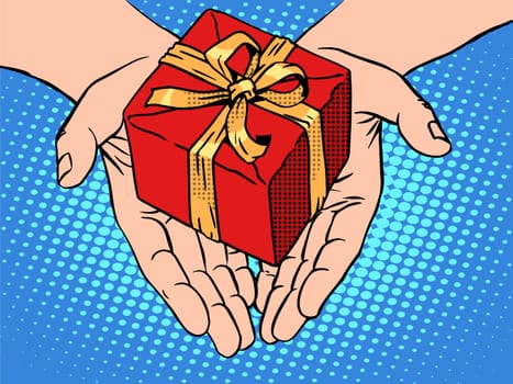 Male hands heart shape gift box pop art retro style. Romantic gift. Special surprise. A wedding ring or a gift for Valentines day.