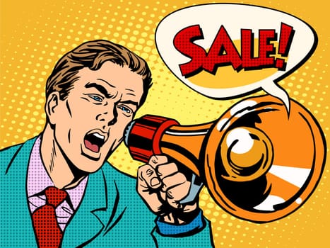 Agitator with megaphone announces sale pop art retro style. Business concept sales and discounts. Poster style.