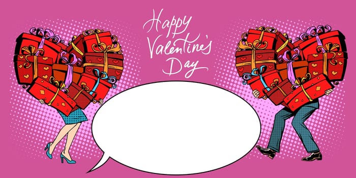 Postcard for Valentines day man and woman gifts red heart pop art retro style. Happy Valentine day. Holiday discounts and gifts business concept. Love romance relationship