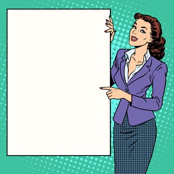 Poster businesswoman style your brand here pop art retro. Advertising and the announcement. The woman with the poster. Your text here