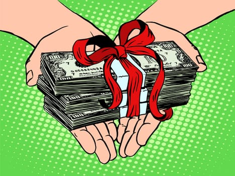 Money as a gift. Financial income pop art retro style. The fee for the labour. Wages. Prize in the lottery. A monetary award. Charity and donations