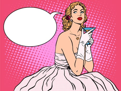 bride white dress cocktail pop art retro style. A beautiful young woman. Wedding and marriage.
