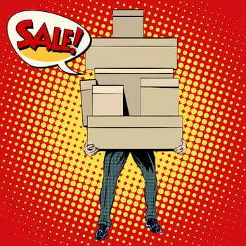 Buyer shopping sale pop art retro style. A man with a mountain of shopping. People box