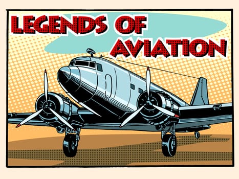 Legends of aviation abstract retro airplane pop art retro style. Style retro greeting cards and collectible cards. Equipment aircraft transport.