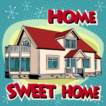 Sweet home cottage pop art retro style. Private house. Building architecture. Real estate rent sell construction.