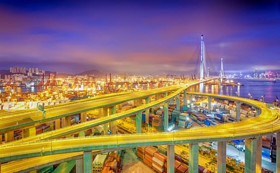 hong kong modern city Highway bridge traffic and blurred light trails