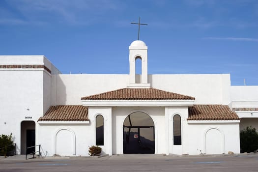Lake Havasu City,United States - December 23,2015: A Spanish-style church with white walls and simple construction on December 23,2015 in Lake Havasu City.