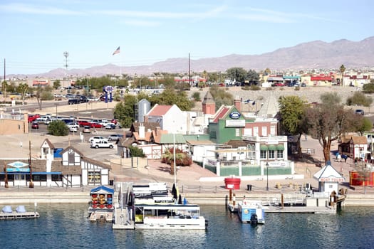 Lake Havasu City,United States - December 23,2015: The shores of Lake Havasu with a promenade,views of the city and jetties on December 23,2015 in Lake Havasu City.