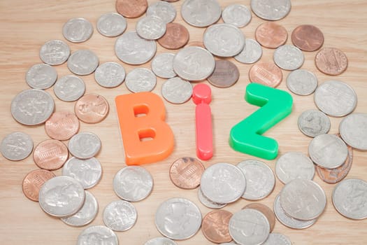 Biz alphabet with various US coins, stock photo