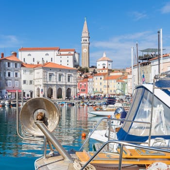 Picturesque old town Piran - beautiful Slovenian adriatic coast. Tartini Square viewed from old fisherman&#39 s port. Square composition.