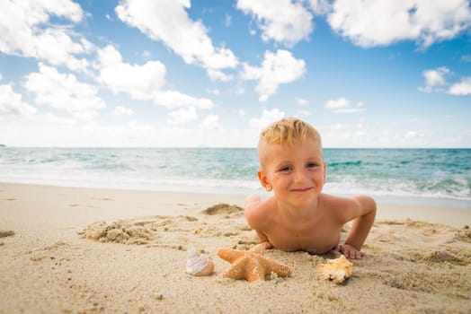 smiling little boy plays with a starfish on the beach on a summer day