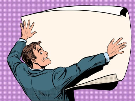 Man with business plan pop art retro style. Businessman with unfolded a white sheet for sketching and diagrams. Science and engineers
