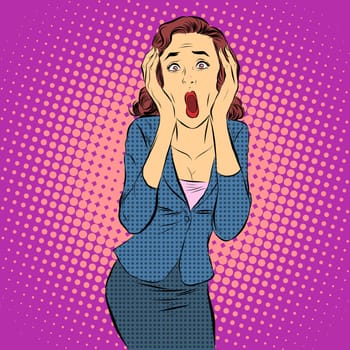 Businesswoman screaming pain horror emotions pop art retro style. Medical and mental health.