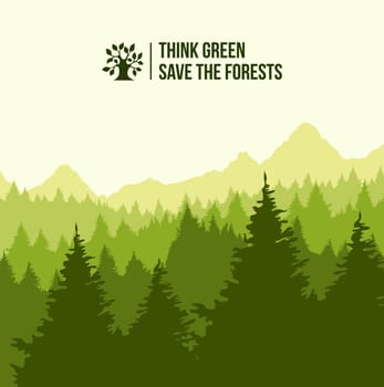 Tree forest landscape with think green text. Eco friendly concept illustration. EPS10 vector. .