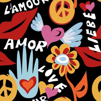 Valentines day hipster 60s seamless pattern with love text, peace sign and hippie decorations. EPS10 vector.