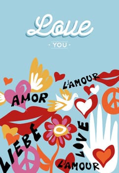 Valentines day retro design. Love you text quote with peace signs and decoration EPS10 vector.