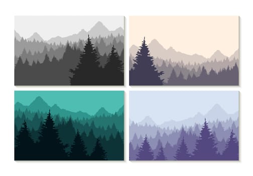 Winter Forest and mountains landscape silhouette set, concept nature illustrations. EPS10 vector.
