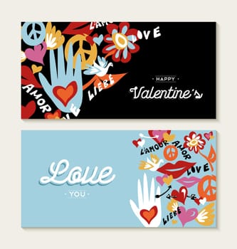 Valentines day set of greeting card designs with hand drawn hippie 60s decoration and peace elements. EPS10 vector.