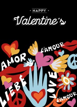 Happy Valentines day retro illustration design with text label, hearts and peace elements. EPS10 vector.