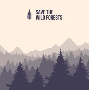 Save the wild forests concept illustration with winter tree landscape silhouette. EPS10 vector.