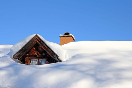 A snow-painted skylight of an old wooden house