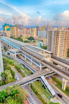 hong kong urban downtown and sunset speed train, Yuen Long Long Ping