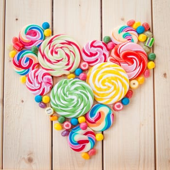 Colorful lollipoes and sweets in heart shape on background made of wood