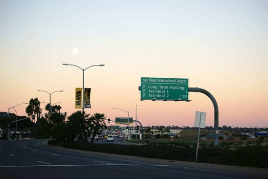 San Diego,United States - December 25,2015: Harbor Drive on San Diego Bay at sunrise in the early hours of December 25,2015 in San Diego.