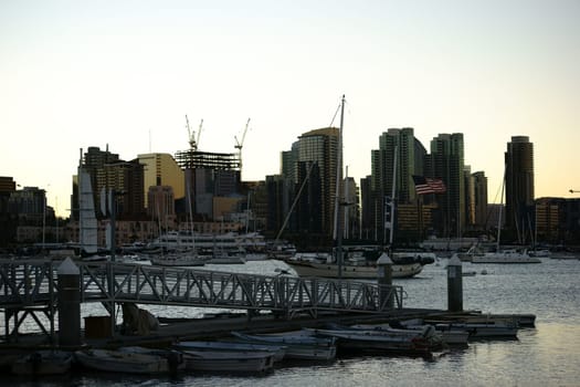 San Diego,United States - December 25,2015: The San Diego skyline over the bay and harbor at sunrise in the early hours of December 25,2015 in San Diego.