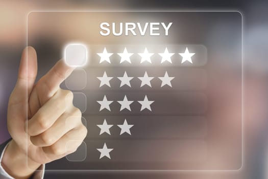 business hand clicking survey on virtual screen interface